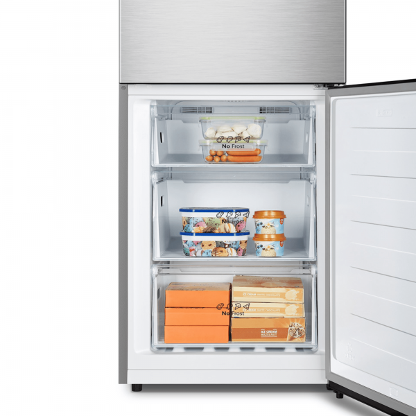 COMBINATI Hisense Combinato No frost 304lt Classe D display esterno Dimensioni (AxLxP) mm: 1860x595x590 mm. Colore:inox