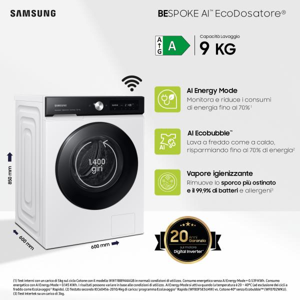 Lavatrici Samsung LAVATRICE 9 KG 1400G CL.A -20 WW90DB7U94GEU3