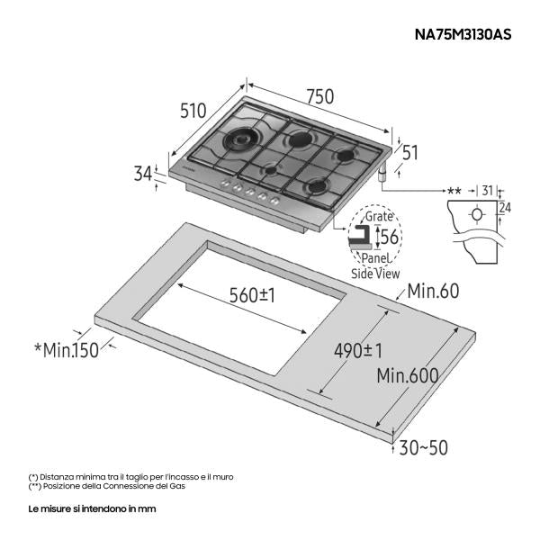 Samsung PIANO COTTURA DA 75 INOX 4GAV+TC SAMSUNG SMNA75M3130AS