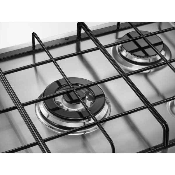 PIANI COTTURA Electrolux ELECTROLUX Piano Cottura EGS7534X a Gas da 75 cm 5 fuochi Bruciatori Fiamma Pura 1 bruciatore WOK Griglie speciali in estetica nera Accensione integrata nella manopola Sicurezza Sicurgas Estetica inox/manopole finitura inox